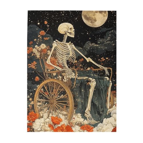 MA6GE8DE 500 Pieces Adults Jigsaw Puzzle - Skeleton On Flower Carriage, Red Roses & Full Moon, Gothic Romantic Art,Vibrant and Unique Design Wooden Puzzle for Decor & Gift,