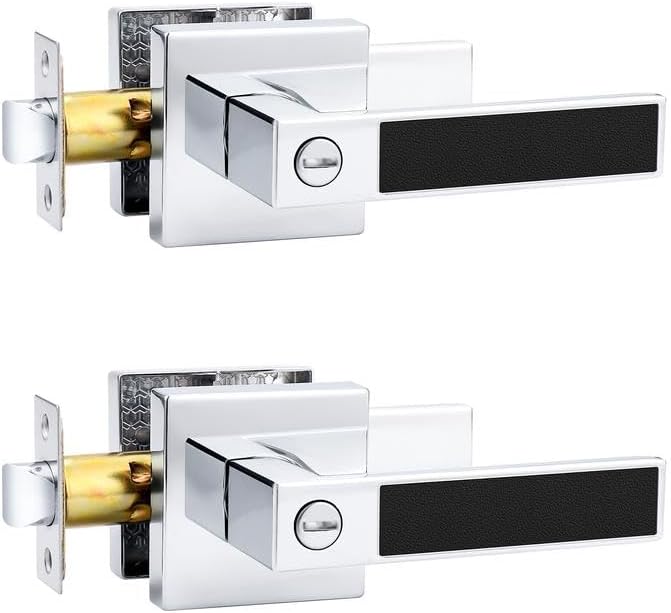 Probrico Heavy Duty Square Door Handle with Black Leather Hand Lever, Keyless Privacy Interior Door Levers for Bedroom and Bathroom, Polished Chrome, 2 Pack