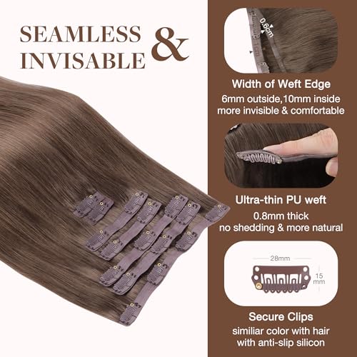 Image of GOO GOO Clip in Hair Extensions Real Human Hair, Remy Human Hair Extensions Clip ins for Women, Natural Human Hair, 16inch 130g 7Pcs, 5 Light Ash Brown