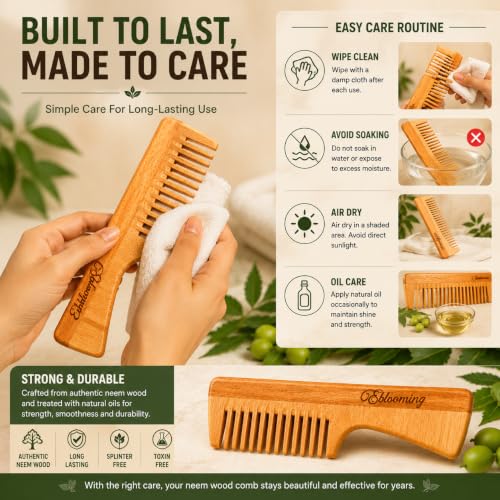 Image of Neem Wooden Handle Comb | Wooden Hair Comb for Women & Men | Smooth Rounded Teeth Detangling Comb | Comfortable Grip Handle for Everyday Hair Care & Styling | 1 Piece