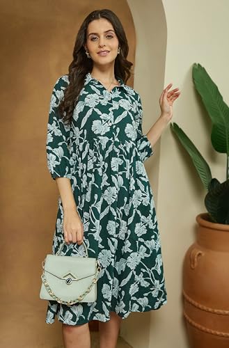 Image of Janasya Women's Green Pure Cotton Floral Printed Fit & Flare Dress