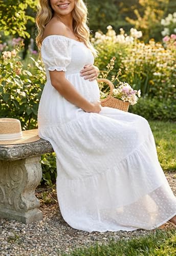 Image of Off The Shoulder Maternity Dress for Baby Shower - Women's Boho Swiss Dot Smocked Puff Sleeve Maxi Dress