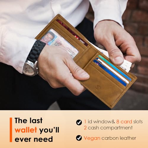 Image of RUNBOX Wallet for Men Slim Leather Bifold RFID Blocking Minimalist Front Pocket Design with Gift Box | Minimalist Front Pocket Design, Holds 8 Cards, RFID Protection, Gifts for Men on Birthdays, Father's Day, and Christmas