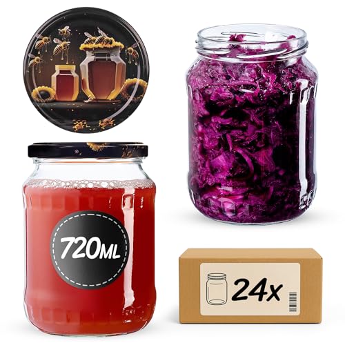 KADAX Lot de 24 bocaux de conservation de 720 ml avec couvercle à visser fi82 mm - Grands bocaux à visser avec couvercle - Pour concombres - Miel