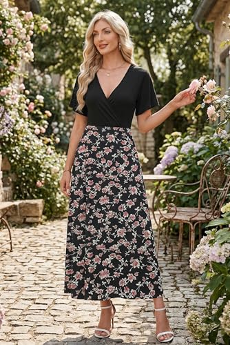 AUSELILY Boho Kleid Damen Lang Bodenlang Hohe Taille Lässiges Lockeres Sommerkleid mit Taschen Schwarz Rot Blume 2XL 3