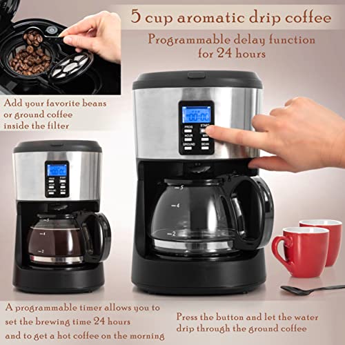 Image of Mixpresso 5-Cup Drip Coffee Maker, Automatic Brew Coffee Pot Machine with Built-In Burr Coffee Grinder, Programmable Smart Coffee Maker with Timer With Glass Carafe Coffee Pot