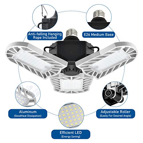 LED Garage Light Deformable Ceiling Lmap,Hansang 60W E26 Base Screw in Garage Light 6000K Daylight 6000LM LED Shop Light Bulbs 3 Adjustable Die-Casting Aluminum Panels 2 Pack(NO Motion Activated)