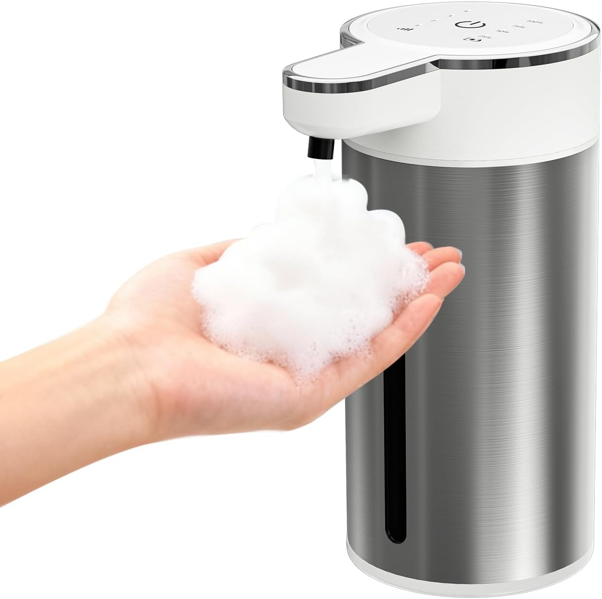Automatic Foaming Soap Dispenser Touchless, 304 Stainless Steel Hand Soap Dispenser, USB Rechargeable, 4 Adjustable Levels, 13.5 oz (400 ml), for Kitchen & Bathroom (White, Foam)