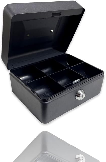 Requisite Needs Metal Money Box Tin 6" Steel Cash Safe Box Petty Cash Deposit Tin with Lock 2 Keys for Security - Black
