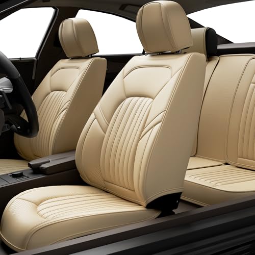 FEELON 5 Pieces ZC Front and Rear Car Seat Covers, Waterproof Nappa Leather Full Set Car Seat Protectors, Universal Auto Interior Fit for Sedans SUV Pick-up Truck, Beige by FEELON - Used condition - US$54.77
