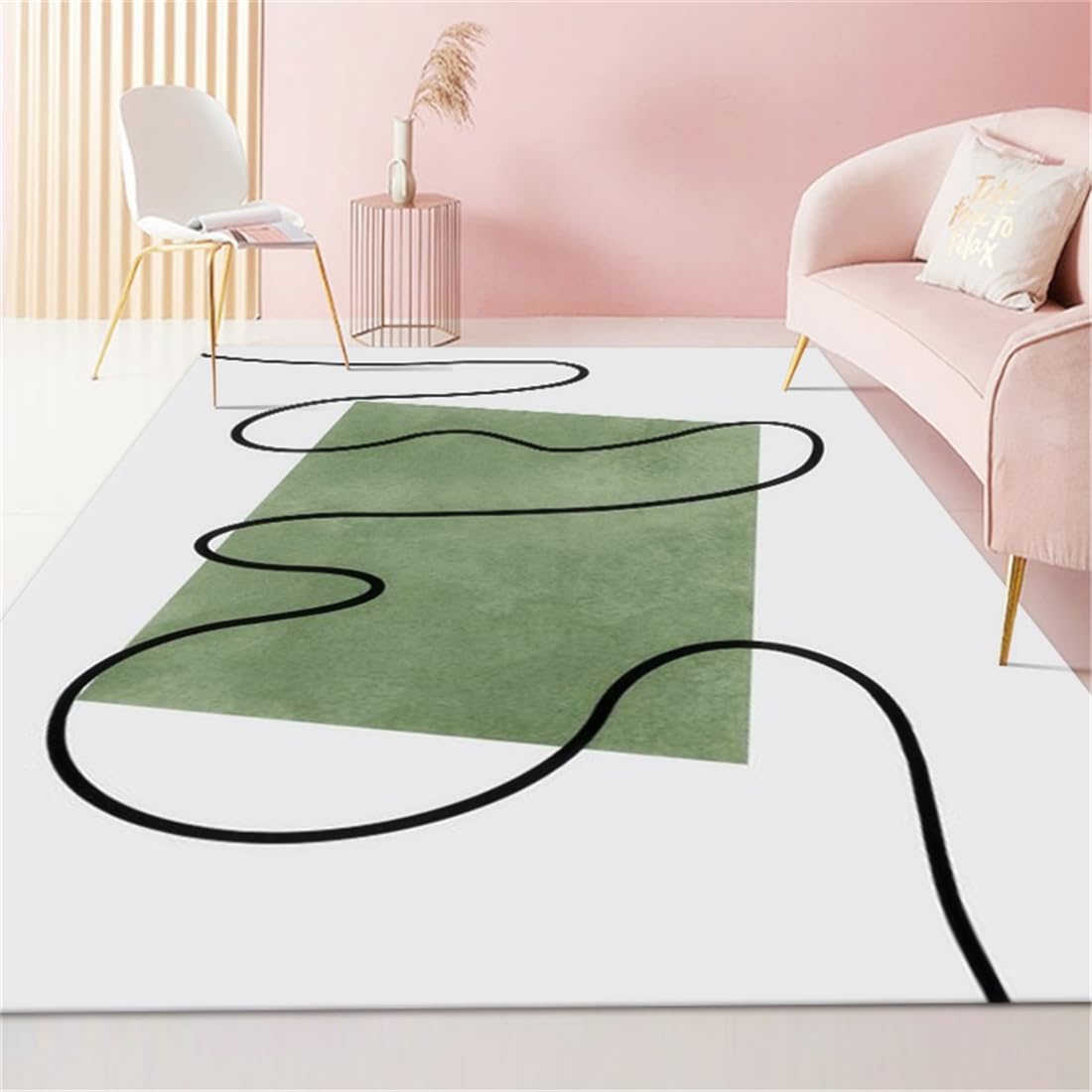 Tapis motif abstrait de salon lavable blanc cassé et vert design 80x80 cm