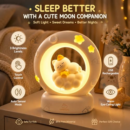 Image of Cat Moon Light For Bedroom Dim Light| 3 Gear Brightness Night Lamp for Kids| Home Decor Gift for Women Girls & Boys| Couple Gift| Love Gift for Her| Decoration Silicone Night Lamp| Cute LED Moon