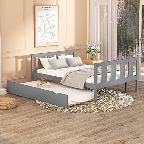 Bellemave Wood Platform Bed Frame With Headboard And Footboard And Pull Out Trundle, No Box Spring Needed, Easy Assembly, Full, Grey #TOP7