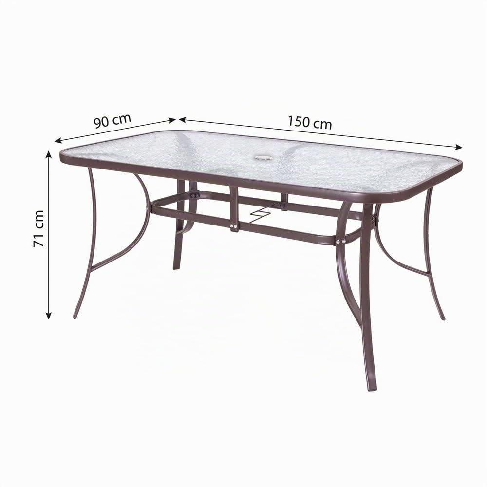 MONTY Mesa de Jardín Rectangular 150x90 cm de Acero Gris Topo con Tablero de Cristal Templado 5mm | Pintura Anticorrosión, Uso Exterior | para 4 Personas | Requiere Montaje | Classic