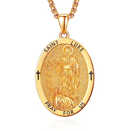 ADMETUS Gold Saint Luke Medal Sterling Silver St Luke Pendant Necklace for Men Oval Gold St. Luke Medal Protection Jewelry Religious Gifts