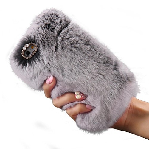 ACC5Star Winter Fur Case with Diamond Crystal Chain and  Bowknot for Apple iphone 5S 5 with Random Color Stylus + Green Cleaning Cloth - Grey