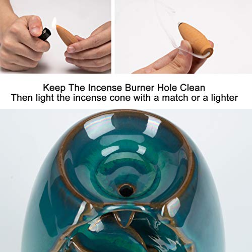DAILYLIFE Incense Waterfall Burner Backflow Ceramic Incense Holder, Home Decor Aromatherapy Ornament with 35 Upgraded Backflow Incense Cones + 25 Incense Sticks + 1 Cushion + 1 Tweezer