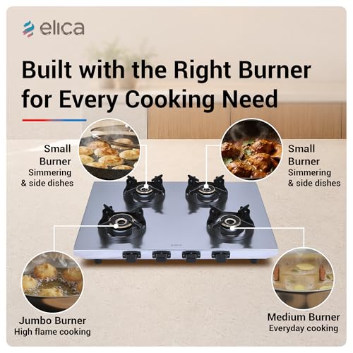 Image of Elica 4 Burner 2mm Stainless Steel Gas Stove | INOX HD 4B 69 | 69cm Layout, Forged Brass Burners - 1 Jumbo 1 Medium 1 Small Burners, Crown Shape Pan Support, 2 Yr Warranty