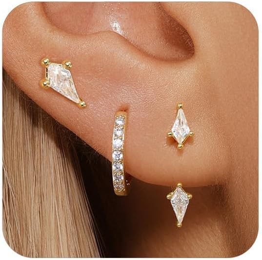 Juego de 3 pares de pendientes de aro de oro para mujer, pendientes pequeños de 14 quilates para múltiples piercings, hipoalergénicos, joyería de moda, delicados pendientes de cometa de sol para regalos de mujer