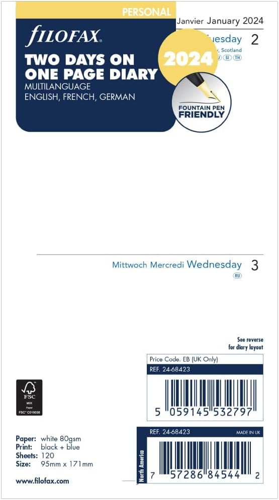 Filofax Personal two days per page 3 language 2024 diary