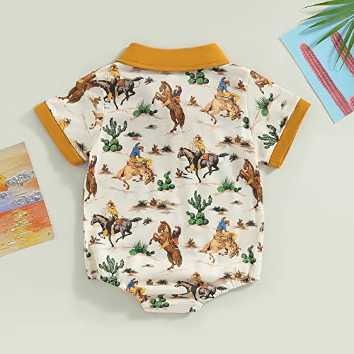 Muasaaluxi Western Baby Boy Clothes Cow Print Short Sleeve Romper Button Down Lapel Polo Shirt Onesie Summer Outfit 0-18M (Apricot, 3-6 Months) #TOP6