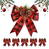 GWAEPU 6 Stück Weihnachten Schleifen Zierschleifen: 14x15cm Weihnachtsbaum Bögen Weihnachtsbaum Deko mit Tannenzapfen für für Weihnachtskränze Baum Haus Indoor Outdoor Deko (Rot und Schwarz)