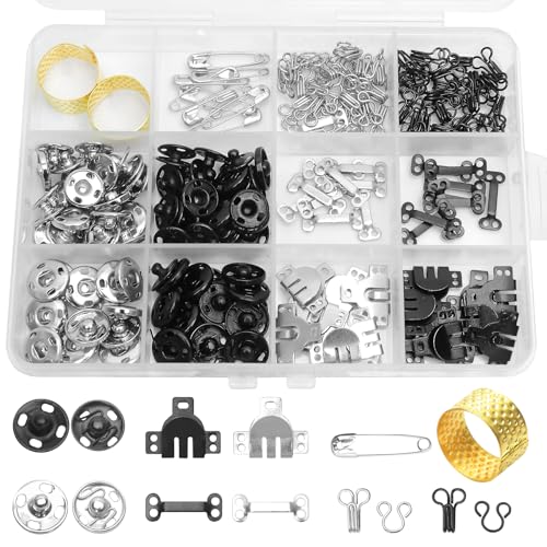 224 Pcs Sewing Hooks and Eyes Closure Set Button Hook Snap Button Kit with Bra Hooks & Skirt Hooks 3 Styles Sew on Fasteners for Dress Pants DIY Craft Mending