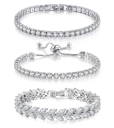 GEMOSA 3 Pcs Tennis Bracelet Set White Gold Plated Marquise Cubic Zirconia CZ Diamond Dainty Adjustable Rhinestone Sterling Silver Bracelets for Women Stackable Fashion Wedding Prom Gift