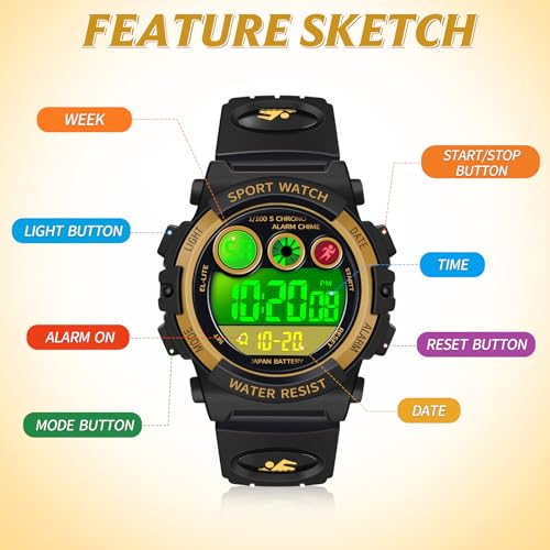 Image of Dayllon Kids Digital Watch,Boys Digital Outdoor Sport Waterproof Watch,with Calendar 12 /24H Alarm 7 Colorful Backlight Stopwatch Wristwatch for 3-15 Years Old