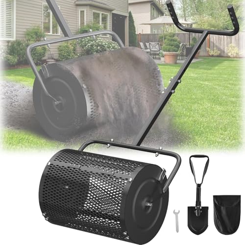 Heavy Duty Compost Spreader z łopatą, 1 Cu Ft Metal Mesh Barrel, ergonomiczny U-Handle & Side Latches do peat Moss Fertilizer Seed Garden Lawn Care, odporna na rdzę trwała konstrukcja