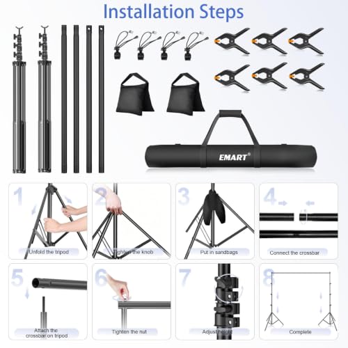 Image of Emart 10 x 12ft (H X W) Photo Backdrop Stand Kit, Adjustable Photography Video Studio Background Stand Support System for Photo Booth Muslin