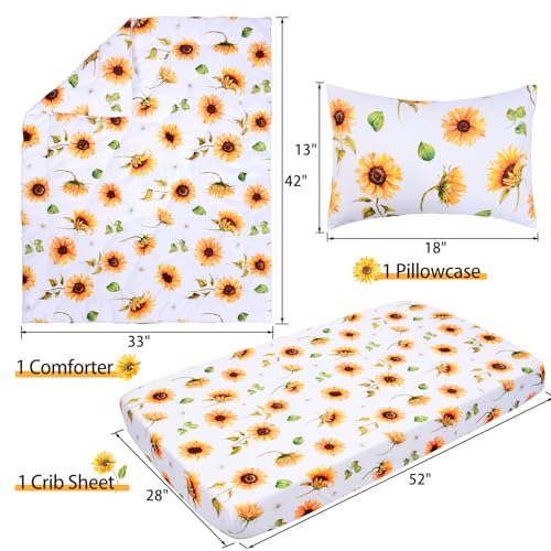 Image of JISEN 3 Piece Baby Crib Bedding Set for Girls - Soft Floral Crib Comforter Set with Crib Sheet Comforter and Pillowcase Sunflowers