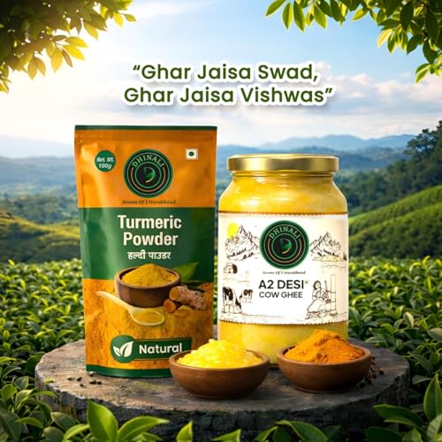 Image of DHINALI A2 Desi Cow Ghee 500ml & Natural Turmeric Powder 100g Combo | Traditional Bilona Curd-Churned Ghee with Pure Lakadong-Style Haldi | Immunity-Boosting Kitchen Staples from Uttarakhand