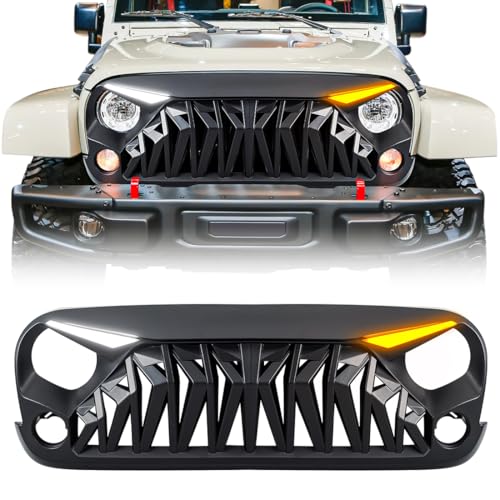 Allinoneparts Front Grill Compatible with 2007-2018 Jeep Wrangler JK JKU, Shark Grille w/DRL Turn Signal Lights, Matte Black