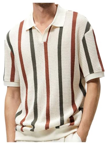 Men's Striped Sweater Casual Short Sleeve Collared Knit Pullover Tops