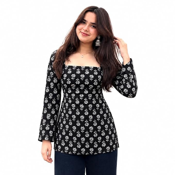 Image of Avayayat Women's Printed Short Kurti for Girls | Regular Wear Flared Tunic Top | Stylish & Comfortable Rayon Kurti
