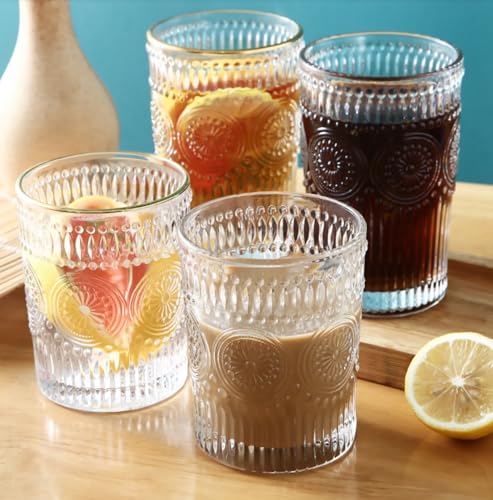 Image of Whiskey Glasses Set of 6 pcs- 300 ml Bar Glass for Drinking Bourbon, Whisky, Scotch, Cocktails, Cognac- Old Fashioned Cocktail Tumblers (4, Embossed)