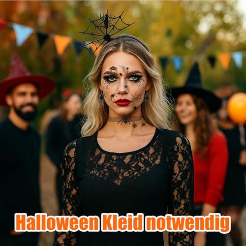 BaiDekun Spinnenkostüm Damen Set inklusive Spinnenweben-Strumpfhosen, Spinnennetz-Zubehör-Set, Spinnen-Gesichtstattoos, Spinnen-Halsbändern, Fledermaus-Kostüm Damen, Karneval
