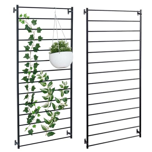 MyGift 4 Foot Tall Modern Matte Black Metal Wall Mounted Horizontal Bars Trellis, Outdoor Hanging Support Frame for Climbing Garden Plants and Crawling Vines, Set of 2