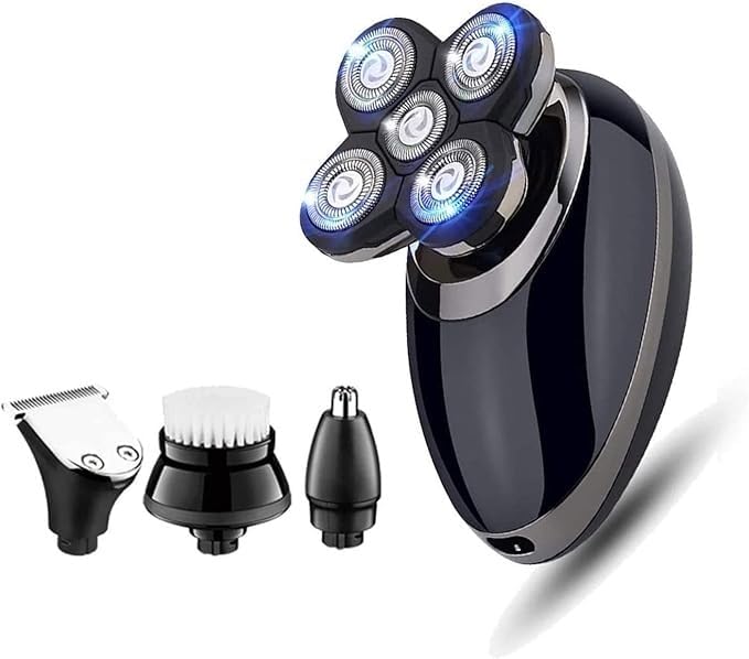 Herren 4-in-1 Elektrorasierer & Fellpflegeset - Fünfköpfiger Bart, Haarrasierer für einen perfekten Glatzen-Look, kabellos und wiederaufladbar