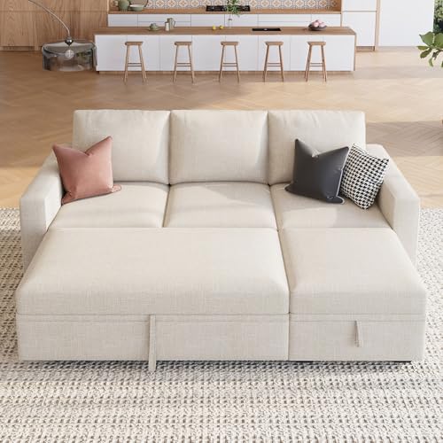 Image of HONBAY Modular Sectional Sleeper Sofa with Pull Out Bed, L Shaped Couch with Storage Seat, Modular Sectional Couches for Living Room - Beige