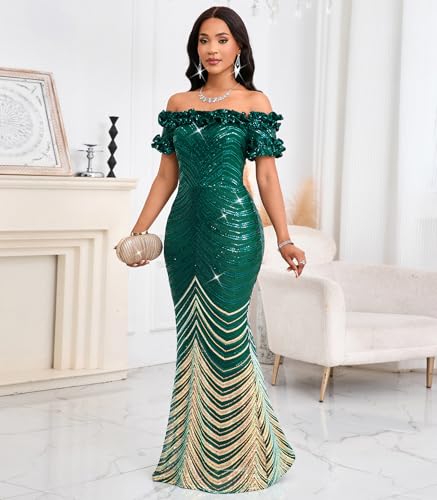 Image of dasmzper Women Sexy Sequin Off Shoulder Ruffle Short Sleeve Bodycon Mermaid Party Formal Evening Maxi Dress