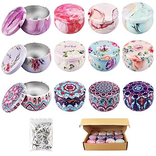Lot de 12 Contenants pour Bougie avec Motifs Exquis - Kit Fabrication avec 50 Mèches pour Faire des Bougies