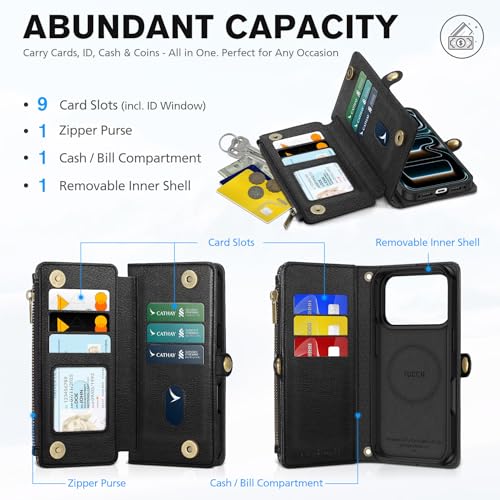 TUCCH Removable Crossbody Case Wallet for iPhone 17 Pro 2025, 9 Card Slot RFID Blocking, Stand, Lanyard, Wrist Strap, Wireless Charging, Zipper Pocket, PU Leather, Magnetic Flip Cover, Textured Black by TUCCH - Used condition - Image 3