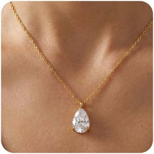 Dainty Teardrop Gold Necklace for Women 18K Gold Plated Round Cubic Zirconia Pendant Simple Minimalist Trendy Jewelry Birthday Valentines Day for Her