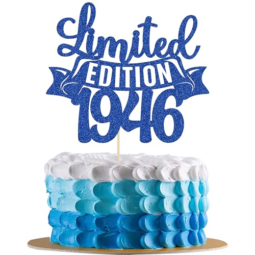 Gyufise 1Pc Limited EDITION 1946 Cake Topper Blue Glitter Happy 80th Birthday Party Cake Decoration Supplies Cheer to 80 Years Cake Bunting Decor for 80th Birthday Party Photo Booth Props