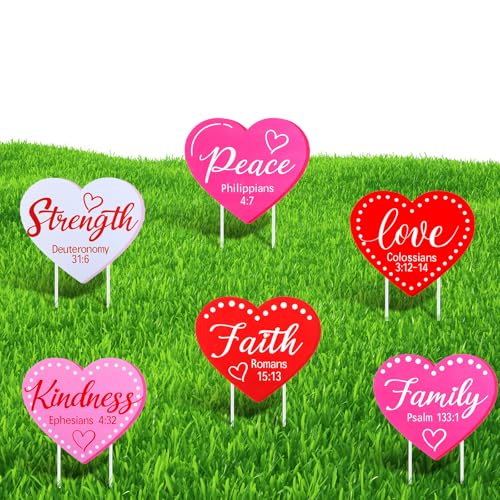 Memorywuu 6 Pcs Valentine's Day Yard Signs Religious Heart-shaped Bible Verse Yard Sign with Stakes Holiday Garden Decorations Outdoor for Valentine St. Patrick's Day Outdoor Party Pathway Yards Decor