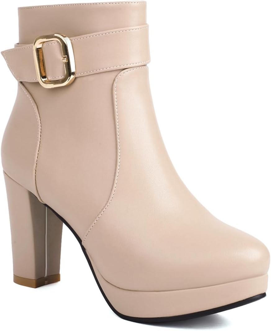 Women's Chunky Platform High Heel Ankle Boots Zipper Round Toe Buckle Winter Fall Dressy Short Booties