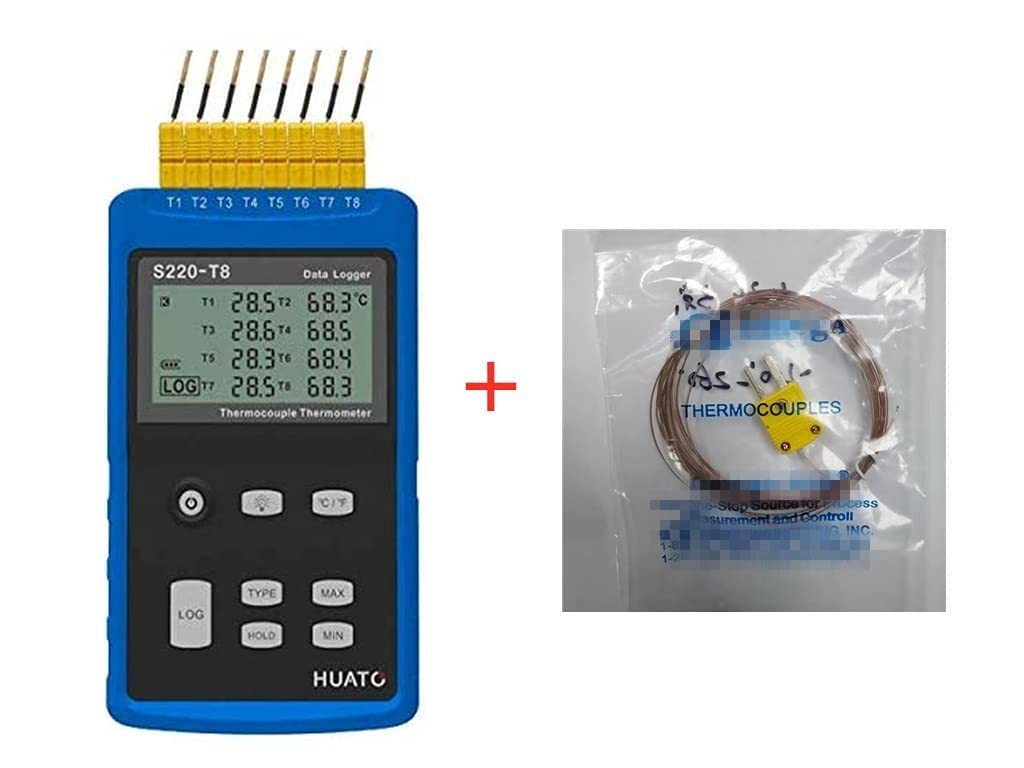 MeterTo S220-T8 USB LCD Multi-Channel Thermometer with 8 Types Thermocouples Temperature Data Logger 8 Channels -200~+1800? ºC or ºF Supporting K,J,E,T,R,S,N,B Thermo-Hygrometer Recording 36,000