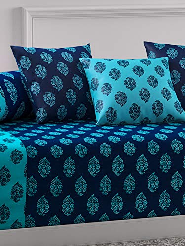 Image of Swayam 200TC Diwan Set Pure Cotton 6 Pcs | Deewan Ethnic Motif Printed Bedsheet Set for Living Room Hall (1-Bed Sheet 60x90 Inch | 2-Bolster Cover 30x30 Inch | 3 Cushion Cover 16x16 Inch) - Blue